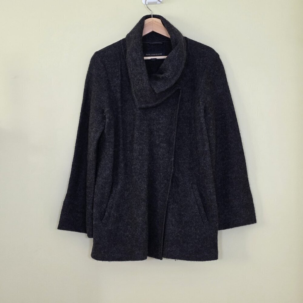 Paul Costelloe Cardigan Womens 10 Grey Assymetric Shawl Collar LS Pockets Wool